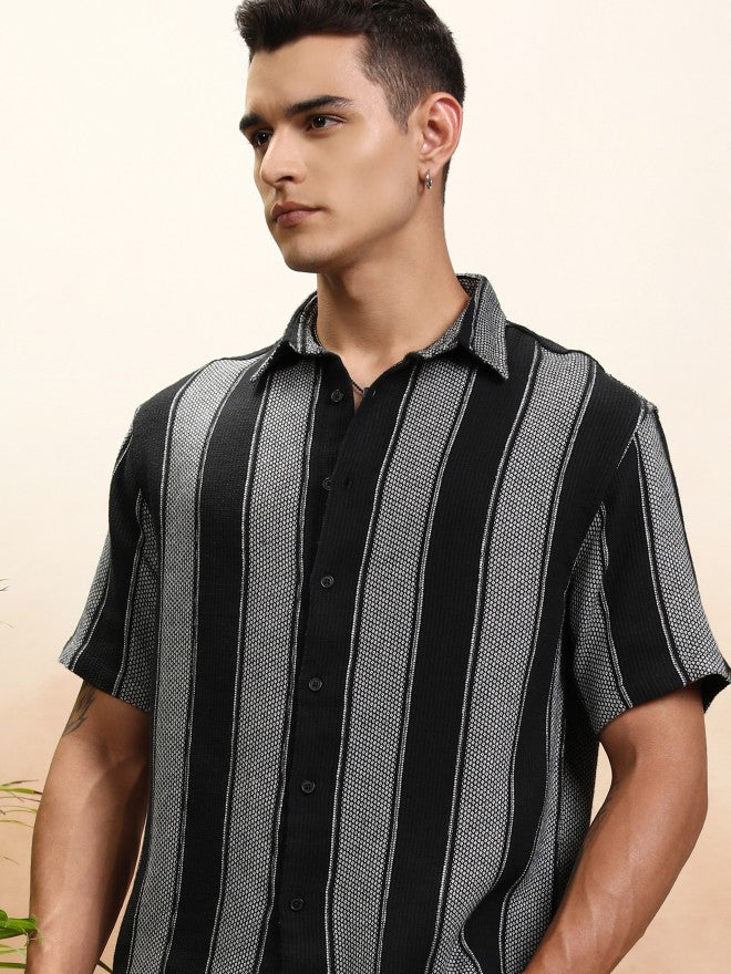 Highlander Men Black Striped Oversized Fit Casual Shirt - Black - Image 1
