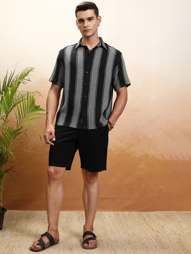 Highlander Men Black Striped Oversized Fit Casual Shirt - Black - Image 2