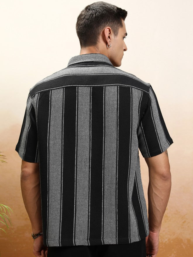 Highlander Men Black Striped Oversized Fit Casual Shirt - Black - Image 3