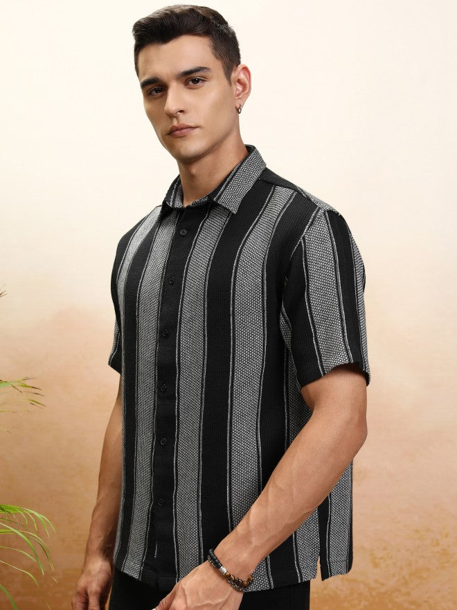 Highlander Men Black Striped Oversized Fit Casual Shirt - Black - Image 4