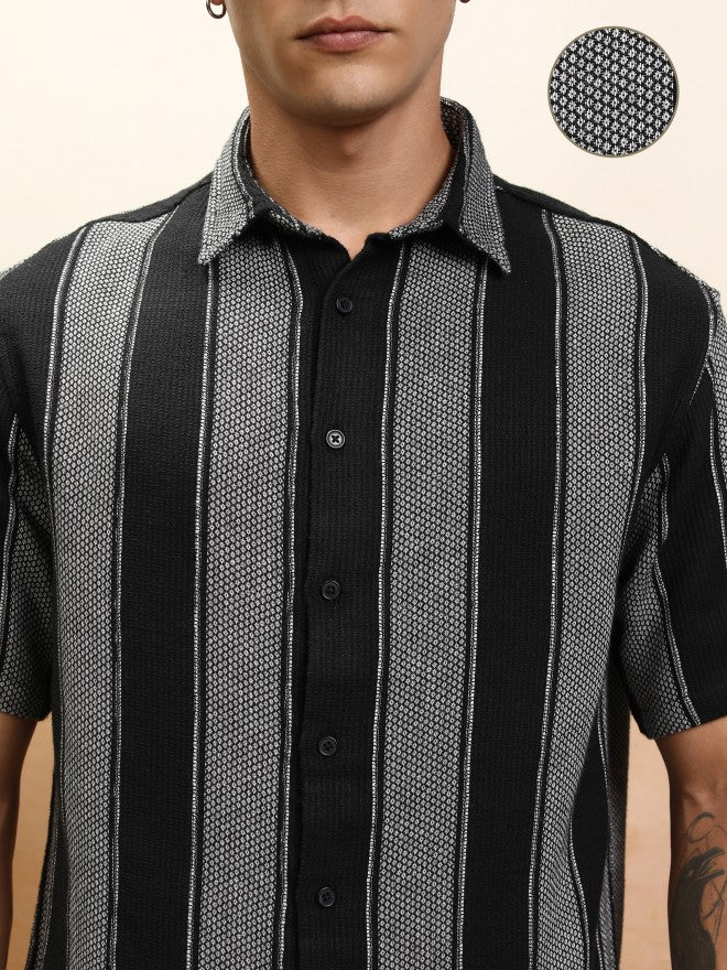 Highlander Men Black Striped Oversized Fit Casual Shirt - Black - Image 5