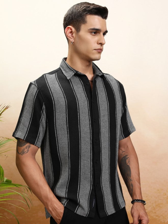 Highlander Men Black Striped Oversized Fit Casual Shirt - Black - Image 6