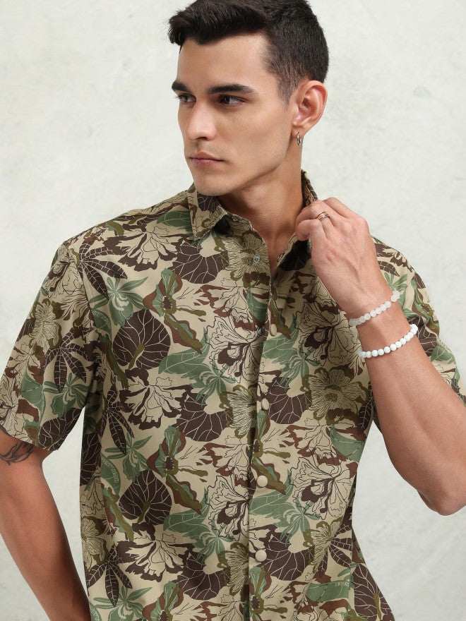 Highlander Men Khaki Printed Oversized Fit Casual Shirt - Khaki - Image 1