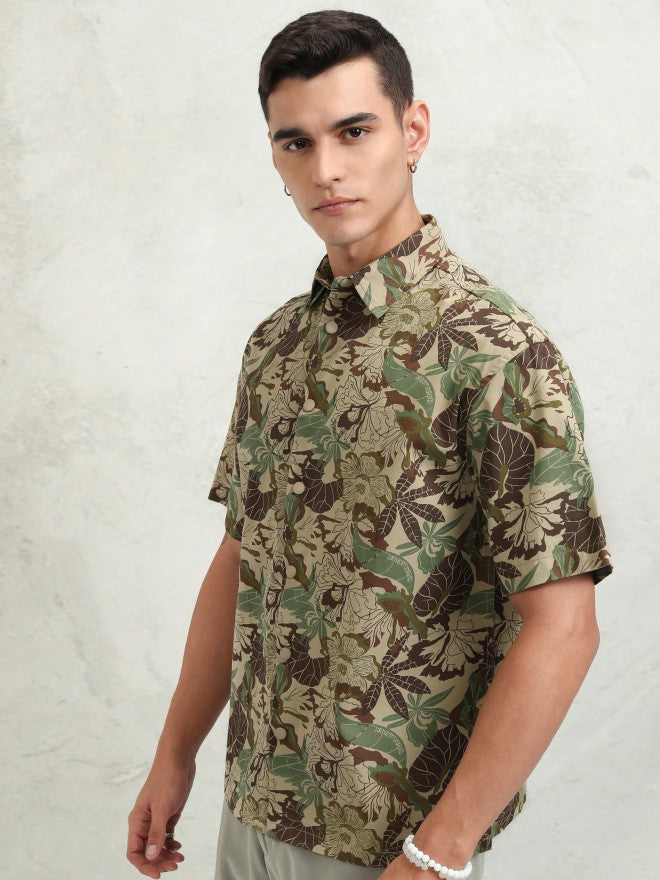 Highlander Men Khaki Printed Oversized Fit Casual Shirt - Khaki - Image 4
