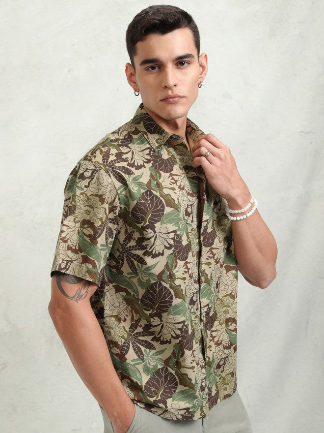 Highlander Men Khaki Printed Oversized Fit Casual Shirt - Khaki - Image 6