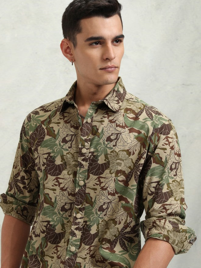 Highlander Men Khaki Printed Oversized Fit Casual Shirt - Khaki - Image 1