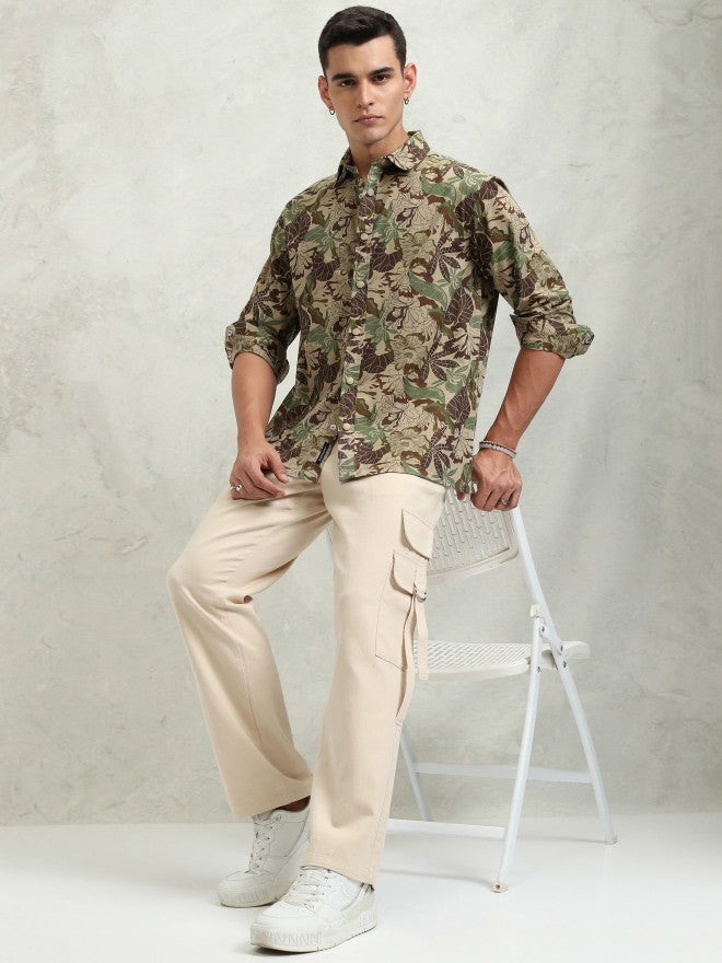 Highlander Men Khaki Printed Oversized Fit Casual Shirt - Khaki - Image 2