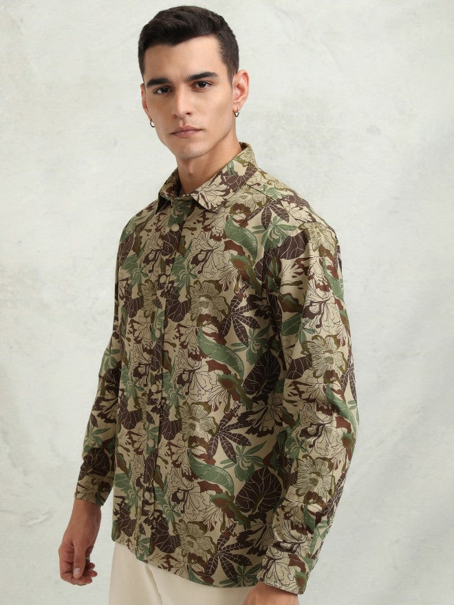 Highlander Men Khaki Printed Oversized Fit Casual Shirt - Khaki - Image 4