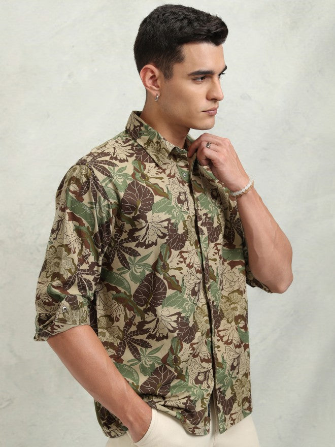 Highlander Men Khaki Printed Oversized Fit Casual Shirt - Khaki - Image 6