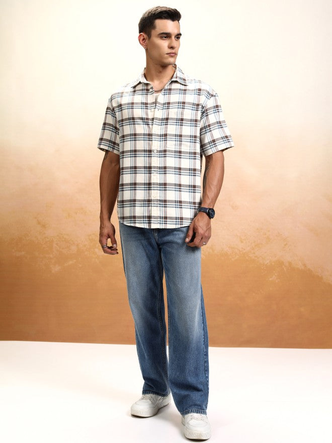 Highlander Men Cream Checked Oversized Fit Casual Shirt - Cream - Image 2