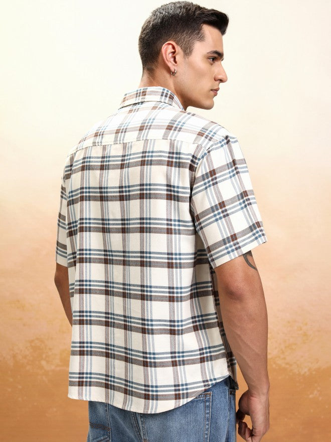 Highlander Men Cream Checked Oversized Fit Casual Shirt - Cream - Image 3