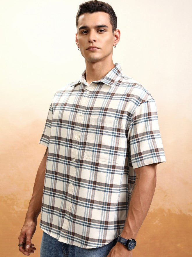 Highlander Men Cream Checked Oversized Fit Casual Shirt - Cream - Image 4