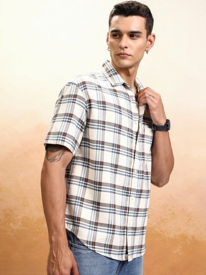 Highlander Men Cream Checked Oversized Fit Casual Shirt - Cream - Image 6