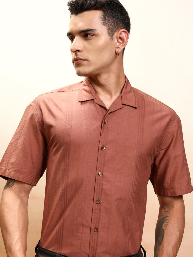 Highlander Men Rust Striped Oversized Fit Casual Shirt - Rust - Image 1