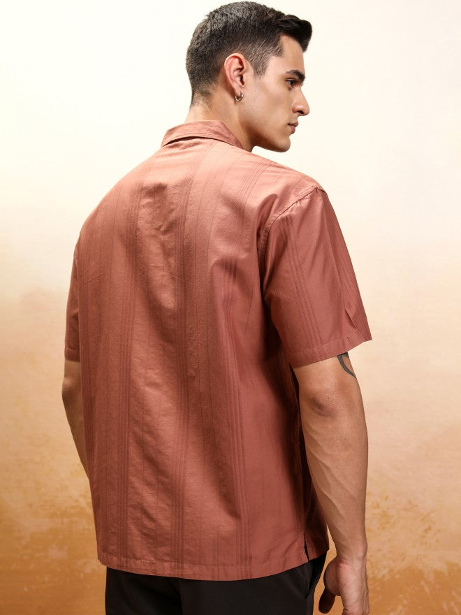 Highlander Men Rust Striped Oversized Fit Casual Shirt - Rust - Image 3