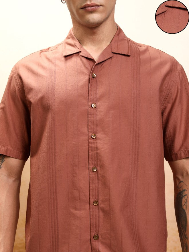 Highlander Men Rust Striped Oversized Fit Casual Shirt - Rust - Image 5