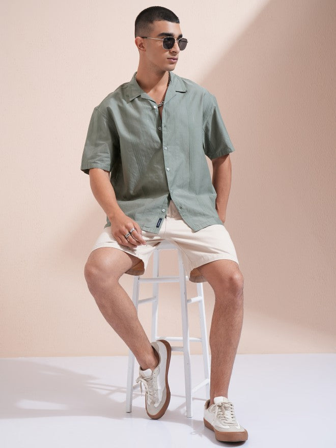 Highlander Men Olive Striped Oversized Fit Casual Shirt - Olive - Image 2