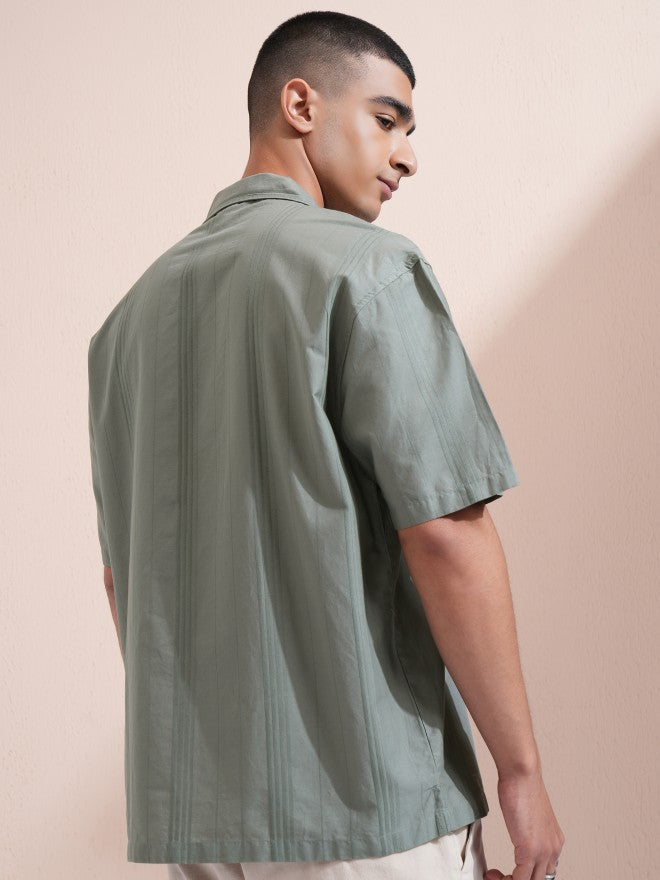 Highlander Men Olive Striped Oversized Fit Casual Shirt - Olive - Image 3