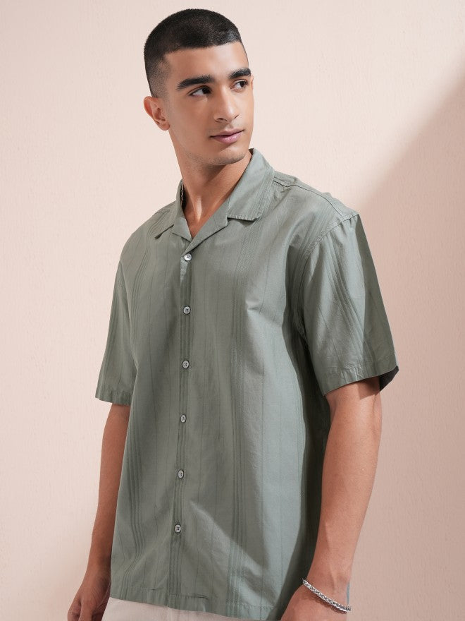 Highlander Men Olive Striped Oversized Fit Casual Shirt - Olive - Image 4