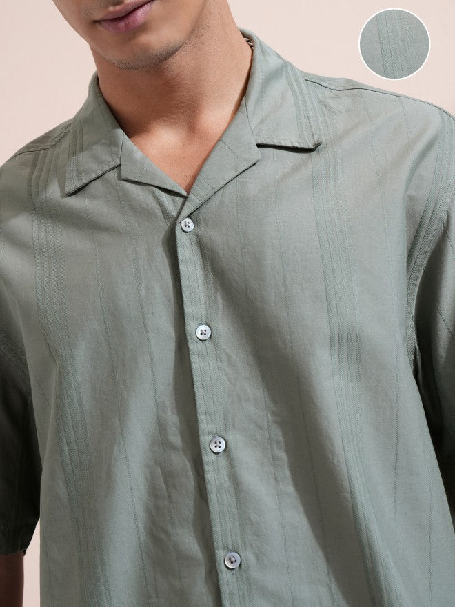 Highlander Men Olive Striped Oversized Fit Casual Shirt - Olive - Image 5