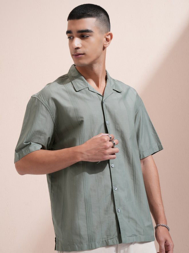 Highlander Men Olive Striped Oversized Fit Casual Shirt - Olive - Image 6