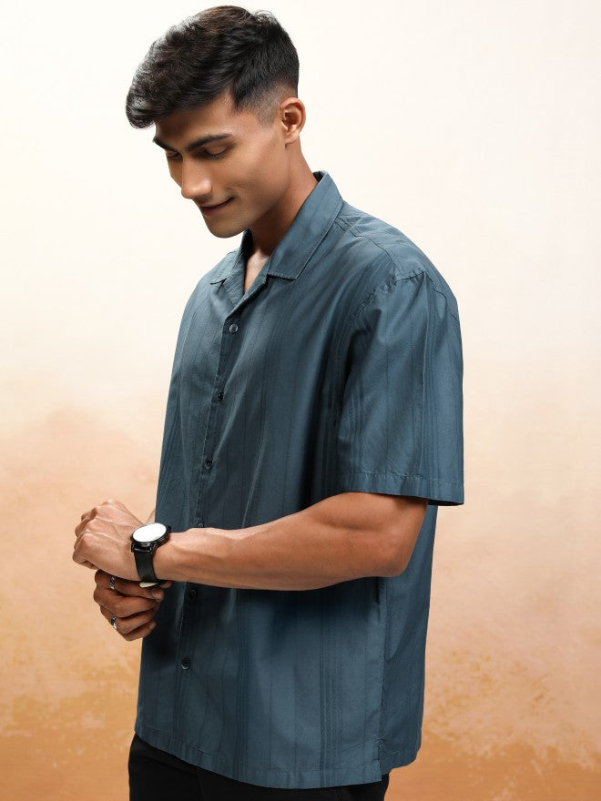 Highlander Men Blue Striped Oversized Fit Casual Shirt - Blue - Image 4