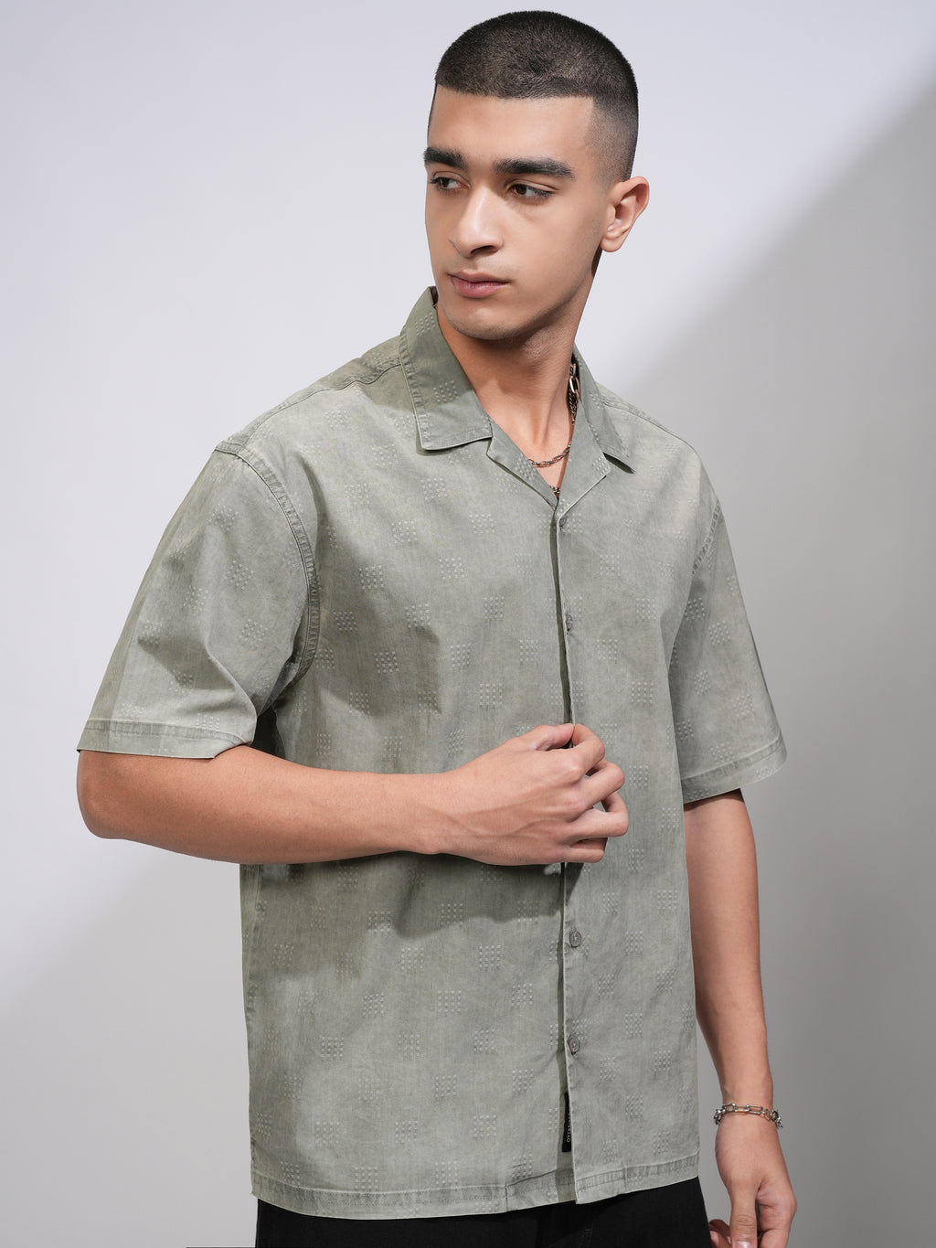 Highlander Men Green Textured Oversized Fit Casual Shirt - Green - Image 6