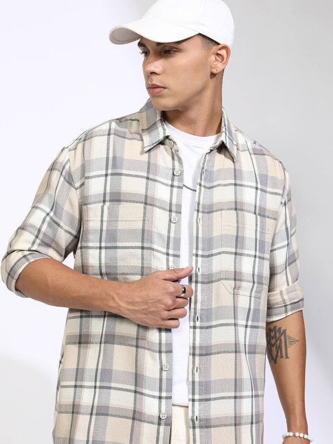 Highlander Men Beige Checked Oversized Fit Casual Shirt - Beige - Image 1
