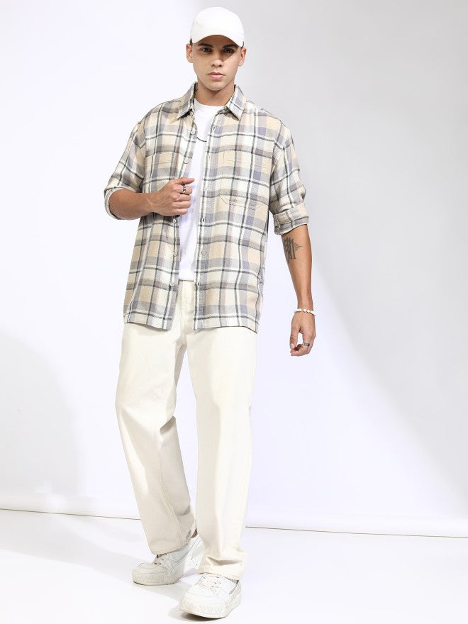 Highlander Men Beige Checked Oversized Fit Casual Shirt - Beige - Image 2