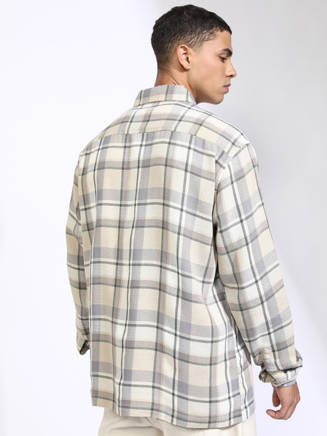 Highlander Men Beige Checked Oversized Fit Casual Shirt - Beige - Image 3