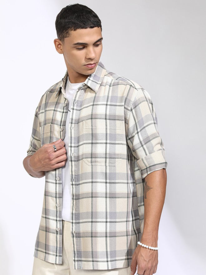 Highlander Men Beige Checked Oversized Fit Casual Shirt - Beige - Image 4