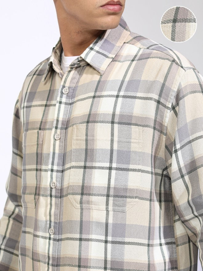 Highlander Men Beige Checked Oversized Fit Casual Shirt - Beige - Image 5