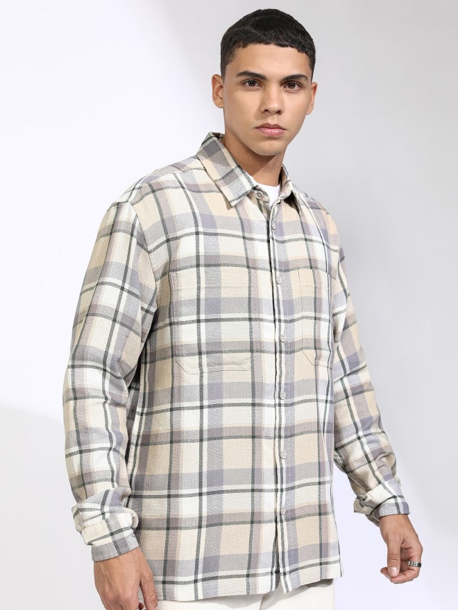 Highlander Men Beige Checked Oversized Fit Casual Shirt - Beige - Image 6
