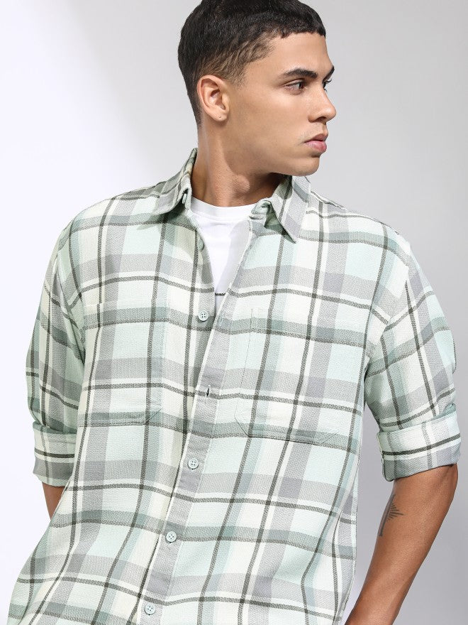 Highlander Men Green Checked Oversized Fit Casual Shirt - Green - Image 1