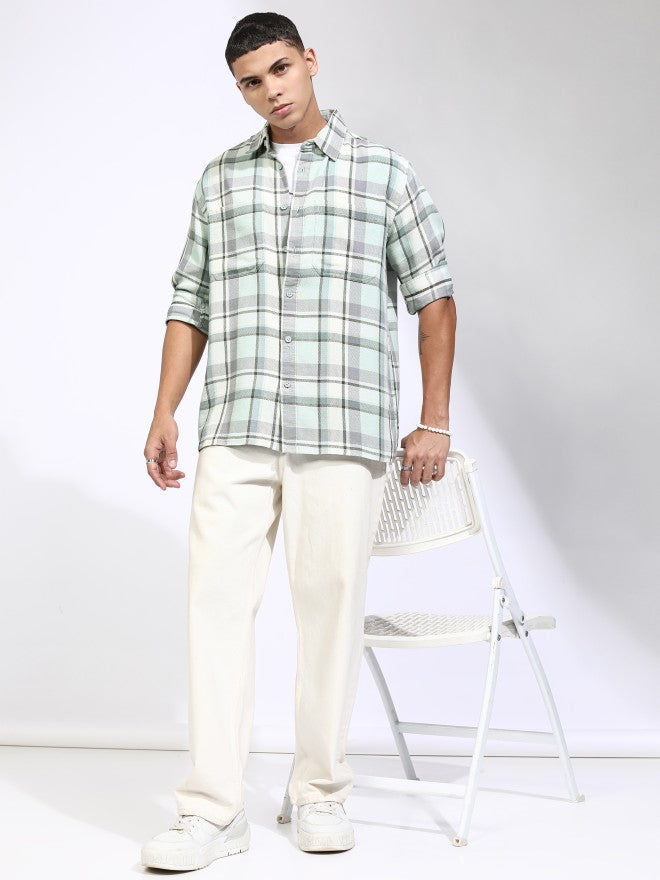 Highlander Men Green Checked Oversized Fit Casual Shirt - Green - Image 2