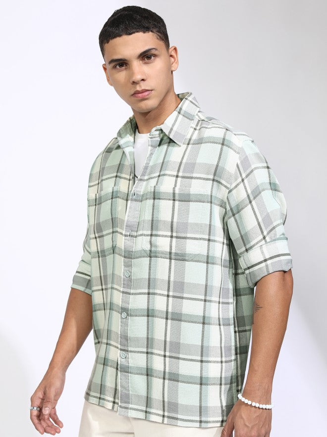 Highlander Men Green Checked Oversized Fit Casual Shirt - Green - Image 4