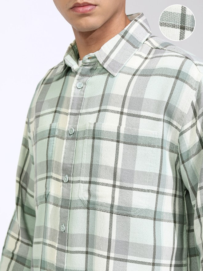 Highlander Men Green Checked Oversized Fit Casual Shirt - Green - Image 5
