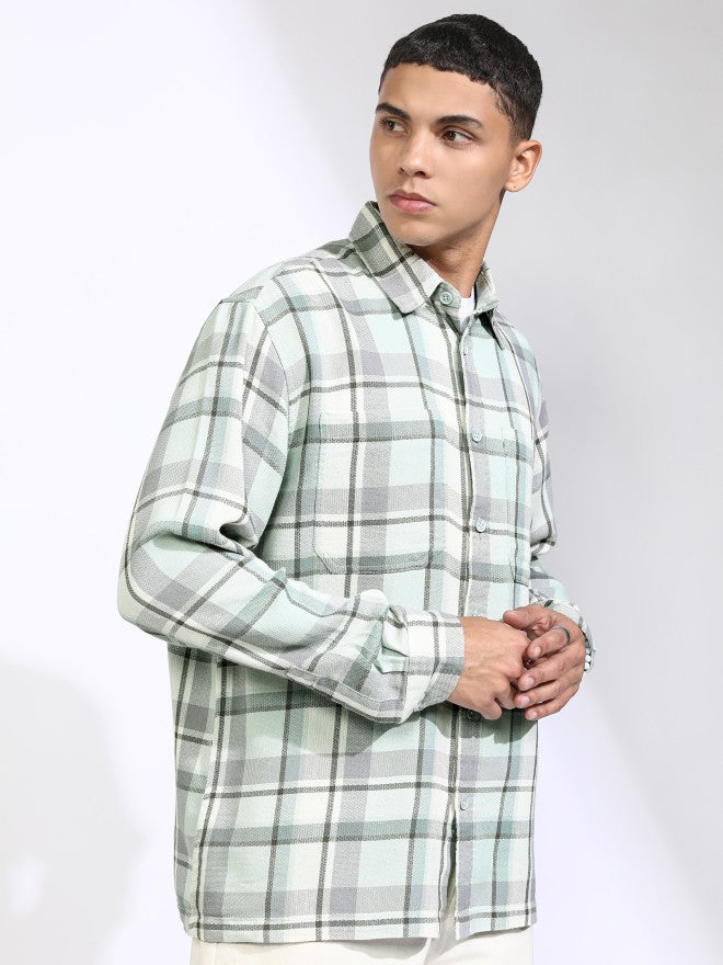 Highlander Men Green Checked Oversized Fit Casual Shirt - Green - Image 6