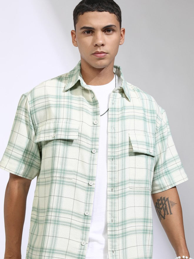 Highlander Men Off White Checked Oversized Fit Casual Shirt - Off White - Image 1