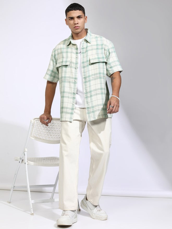 Highlander Men Off White Checked Oversized Fit Casual Shirt - Off White - Image 2