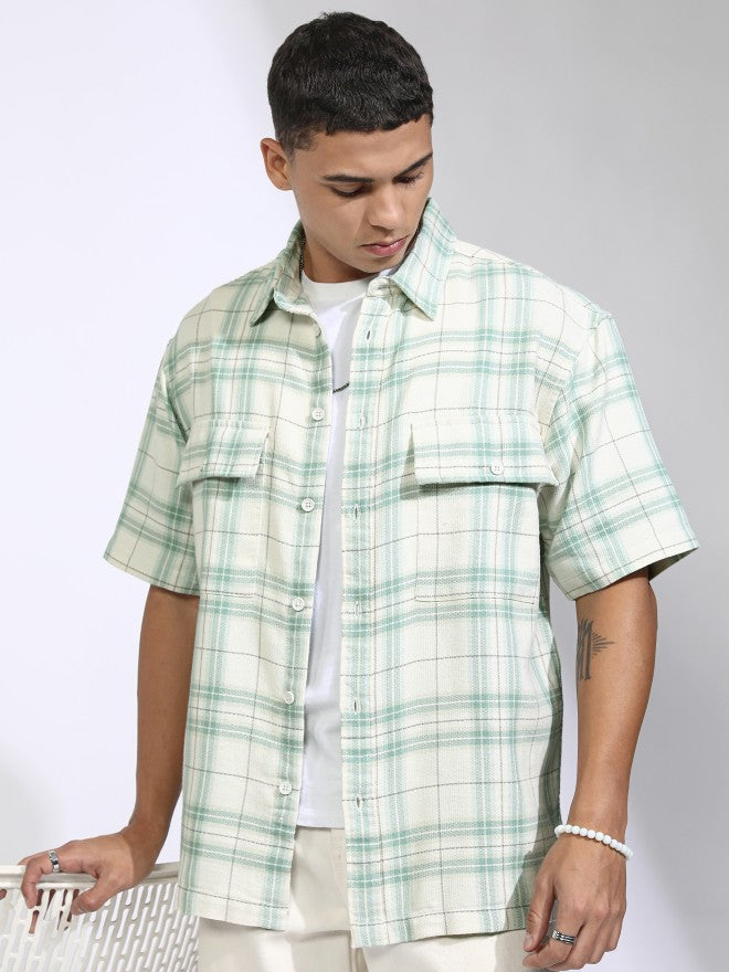 Highlander Men Off White Checked Oversized Fit Casual Shirt - Off White - Image 4