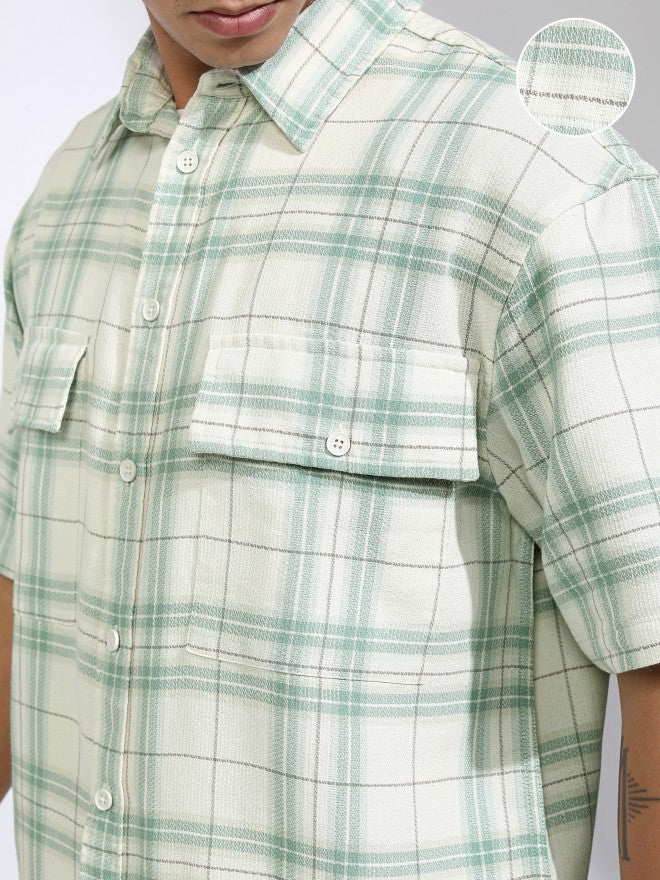 Highlander Men Off White Checked Oversized Fit Casual Shirt - Off White - Image 5