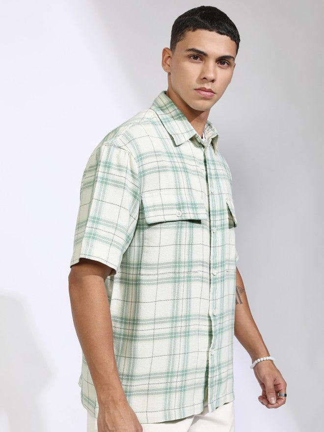 Highlander Men Off White Checked Oversized Fit Casual Shirt - Off White - Image 6