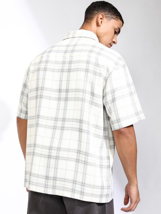 Highlander Men Off White Checked Oversized Fit Casual Shirt - Off White - Image 3