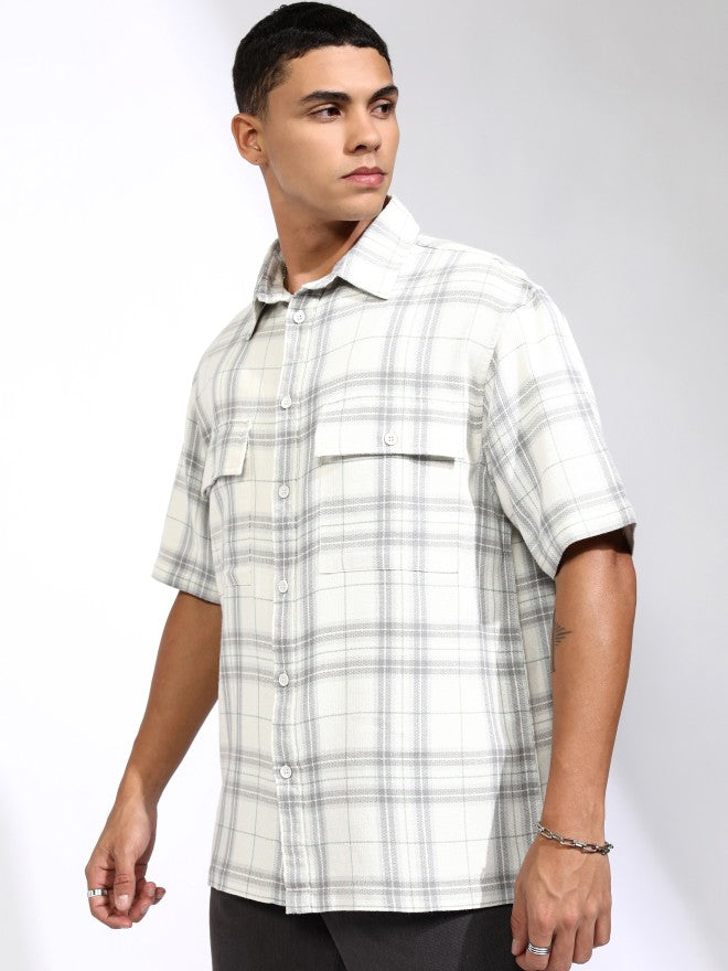 Highlander Men Off White Checked Oversized Fit Casual Shirt - Off White - Image 4