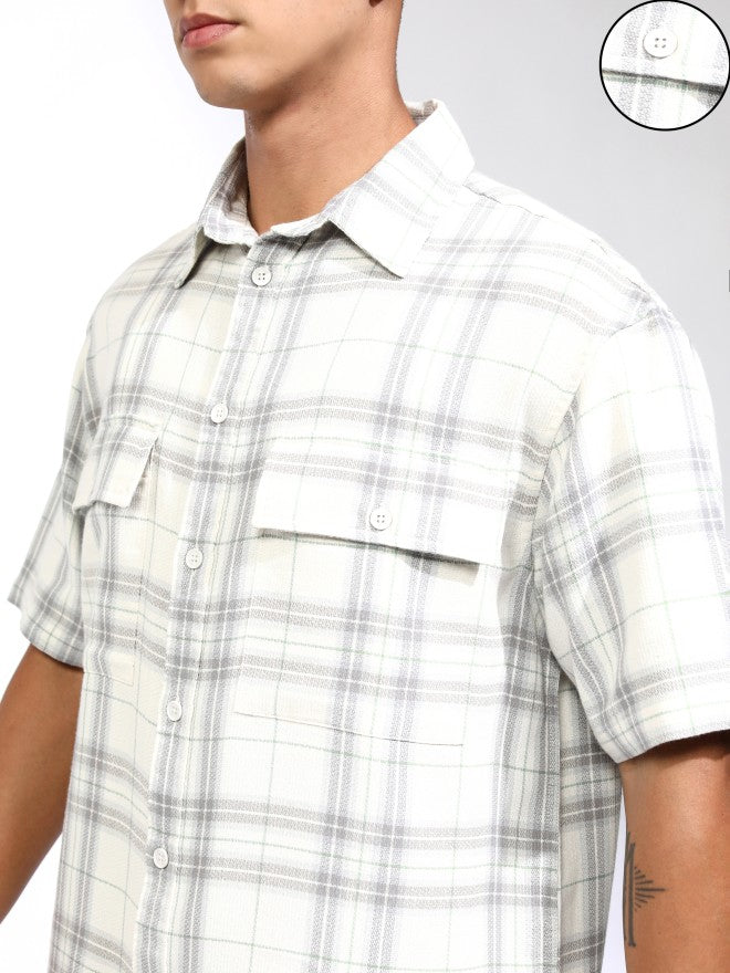 Highlander Men Off White Checked Oversized Fit Casual Shirt - Off White - Image 5