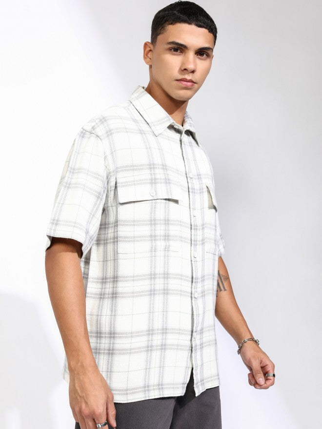 Highlander Men Off White Checked Oversized Fit Casual Shirt - Off White - Image 6