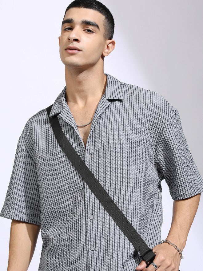 Highlander Men Grey Self Design Oversized Fit Casual Shirt - Grey - Image 1