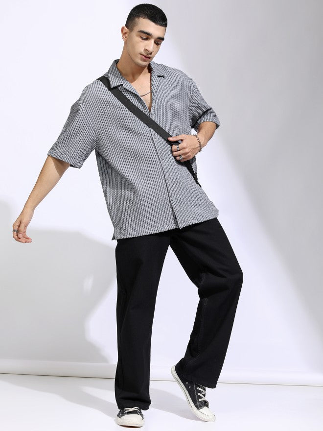 Highlander Men Grey Self Design Oversized Fit Casual Shirt - Grey - Image 2
