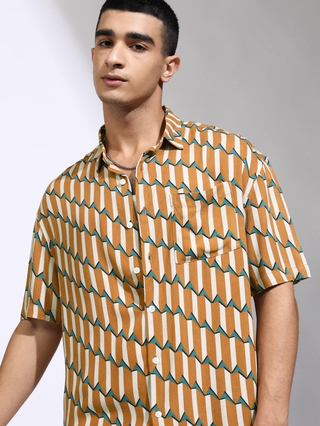 Highlander Men Mustard Printed Oversized Fit Casual Shirt - Mustard - Image 1